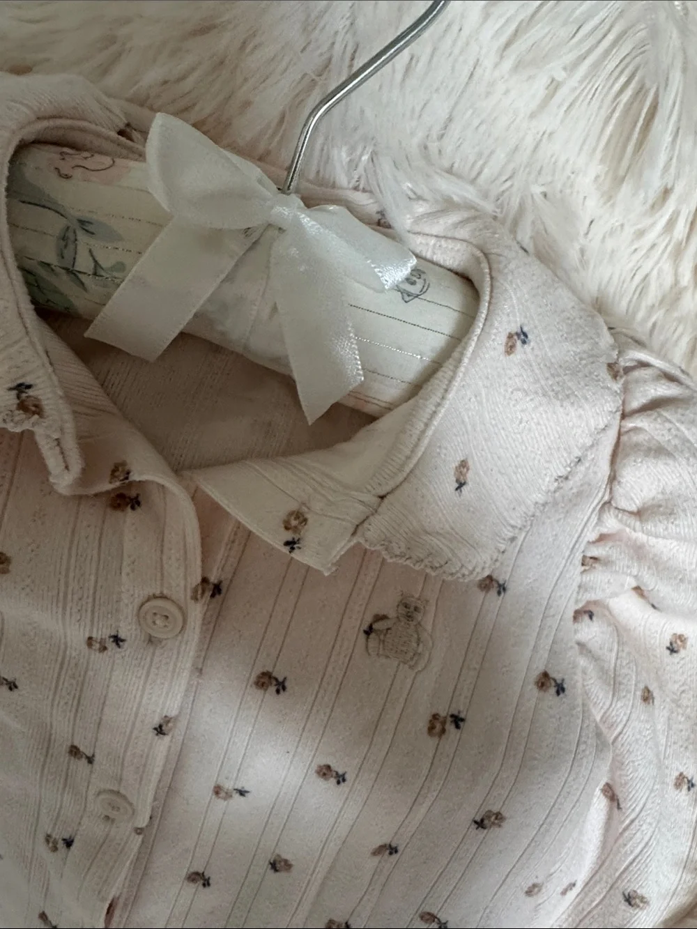 GAP Cream Floral Rib-Knit Pajama Set with Puff Sleeves